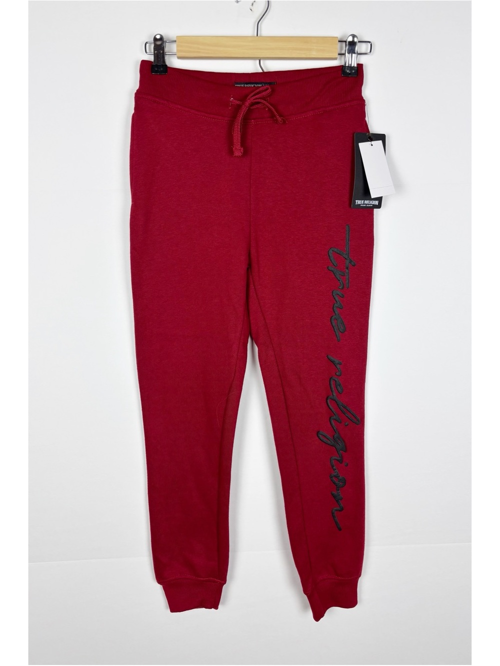 True Religion Joggers Sweatpants Boys Size L 14-16 Maroon Script Logo